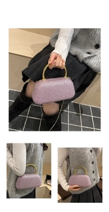 Detail of lavender crystal evening bag with gold bamboo handle and metallic chain strap