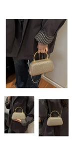Detail of champagne gold evening clutch with sequins, top handle and chain strap
