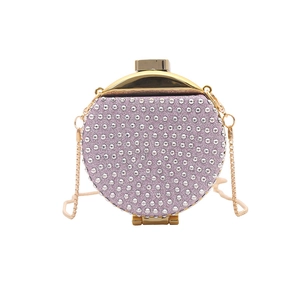 Mini borsa rotonda da sera con strass, glitter viola e catena in metallo dorato