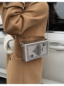 Detail of silver rhinestone evening bag with Ace of Spades poker pattern and chain strap