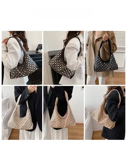 Collage of chic rivet underarm bucket bags in black, brown, and beige worn by a model