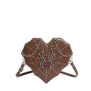 Gothic brown heart shoulder bag with spiderweb embroidery and rhinestone spider detail