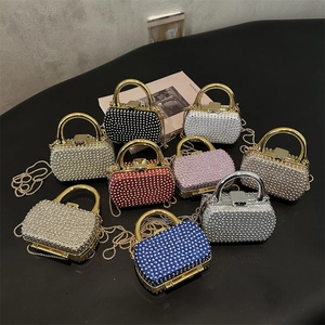 Rhinestone and pearl evening box bags with U-shaped metal handles in multiple colors