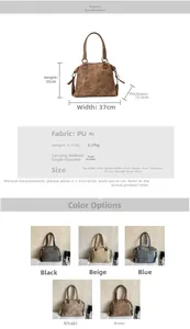 Detailed chart showing PU leather tote bag dimensions and five available color variants
