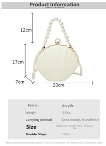 Detailed size chart for the shell-shaped acrylic pearl handbag showing specific dimensions