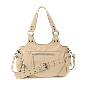Beige faux leather rivet bucket bag with silver hardware and multi-zipper detail