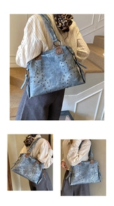 Detail of retro blue-gray tote bag with metallic studs and large capacity for daily use
