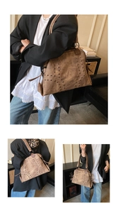 Vertical collage of brown tote bag with metal rivets and long handles shown on model