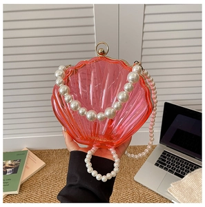 Macro detail of pink translucent acrylic shell bag with pearl handle and metal clasp