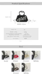 Detailed chart showing size, dimensions, and six color variants of the floral chain bag