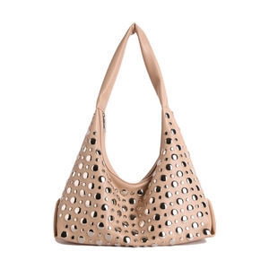 Retro light beige shoulder bucket bag with silver rivet details and a crescent shape