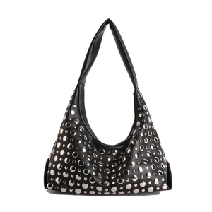 Chic black faux leather hobo shoulder bag with silver studs and streamlined design