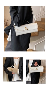 Detailed views of a white patent leather bag with a golden twist lock on a modern staircase