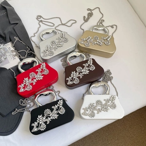 Chic rhinestone floral box clutches in six colors with metal handles and chain straps