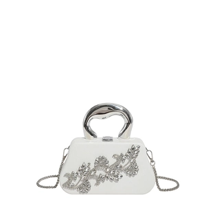 White box evening clutch with crystal flower pattern and silver top handle