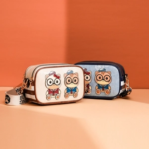Cute Japanese style cartoon cat camera bags in beige and blue stripes with wide straps