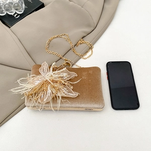 Champagne velvet evening clutch with 3D floral lace sequins and gold chain strap