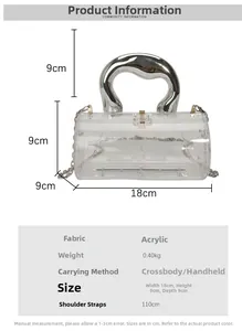 Size chart for acrylic cylinder evening bag showing 18x9x9cm dimensions and strap details