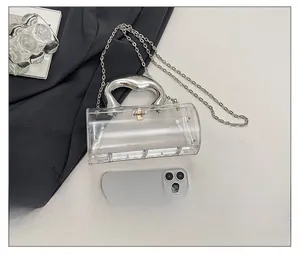 Detail of transparent acrylic cylinder bag showing size comparison with a smartphone