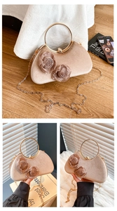 Detailansicht der aprikosenfarbenen Samt-Abendtasche mit handgefertigter Rose und Metallring
