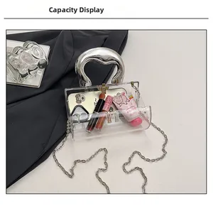 Capacity display of clear acrylic cylinder bag with silver metal handle and chain