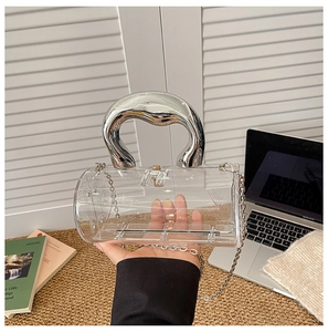 Macro view of clear acrylic cylindrical bag featuring a chunky silver metallic handle