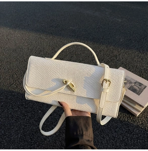 Close-up of white crocodile pattern handbag with golden twist lock on dark pavement