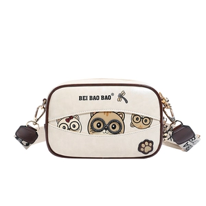 Cute cream cartoon crossbody camera bag with cat patterns and wide jacquard strap