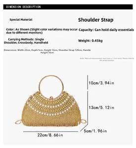 Size chart showing 22cm width and 13cm height of pearl rhinestone shell evening bag