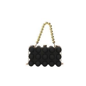 Retro black evening bag with sphere texture, gold bead handle and metal chain strap