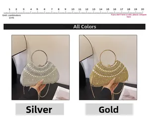 Detail of silver and gold evening bags with rhinestone tassels and faux pearl fringe