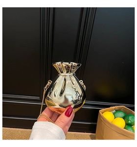 Goldene Mini-Acryl-Tasche in Geldbeutel-Form mit metallischem Kordelzug und Kette