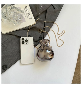 Detail der Mini-Acryl-Umhängetasche in Silber mit goldener Schlangenkette im Glücksbeutel-Stil