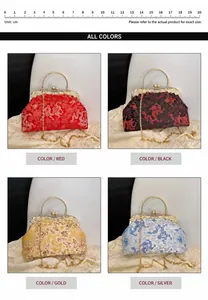 Detail view of four vintage shell evening bags with dragon embroidery and metal clasps