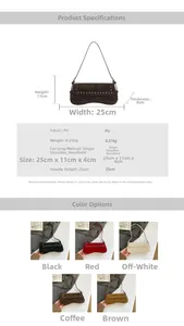 Detailed size chart for retro PU shoulder bag with silver studs and dimensions 25x11x4cm