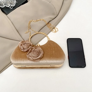 Elegant champagne velvet evening box bag with floral silk ornaments and gold chain strap