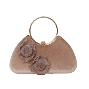 Elegant champagne velvet box handbag with 3D floral accents and golden ring handle