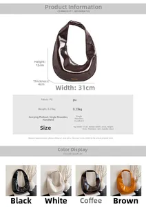 Dimensions détaillées et quatre options de couleurs pour le sac hobo demi-lune brillant