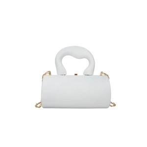 White cylindrical acrylic jelly bag with wide top handle and gold chain strap