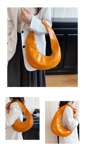 Vues détaillées du sac d'épaule croissant jaune gingembre brillant avec texture laquée
