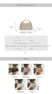 Detailed size specifications and material chart for glitter evening shell clutch bag