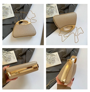 Four-angle view of champagne gold sequined evening clutch bag with round metal handle