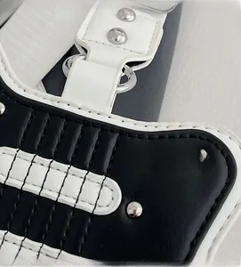 Detailed macro shot of leather guitar bag with silver rivets and contrast stitching