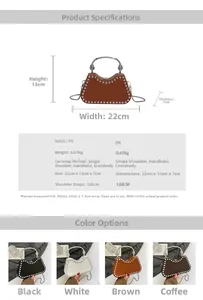 Detailed size chart and product specifications for studded PU tote with silver handles