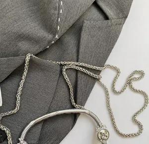 Close-up of the elegant silver braided chain strap and metallic handle on a handbag