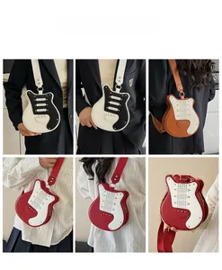 Detailed model views showing creative guitar-shaped crossbody bags in various colors and styles