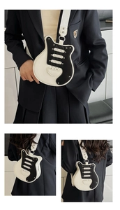 Three-angle view of a creative guitar-shaped shoulder bag with studs and wide strap