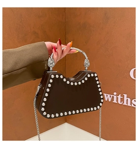 Detail of dark brown box bag featuring silver rivets and vintage relief metal handle