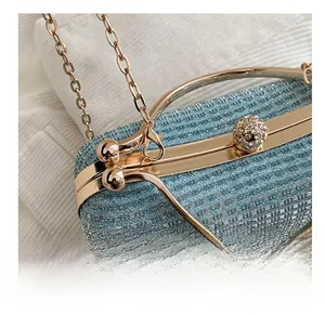 Detail of gold metal hook and sparkly light blue woven texture on evening box bag
