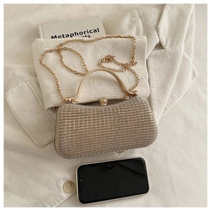 Detail of silver evening clutch bag with crystal buckle and gold handle showing size scale
